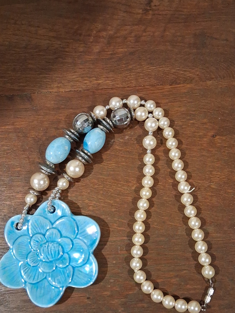 Blue Ceramic Flower Pearl Necklace